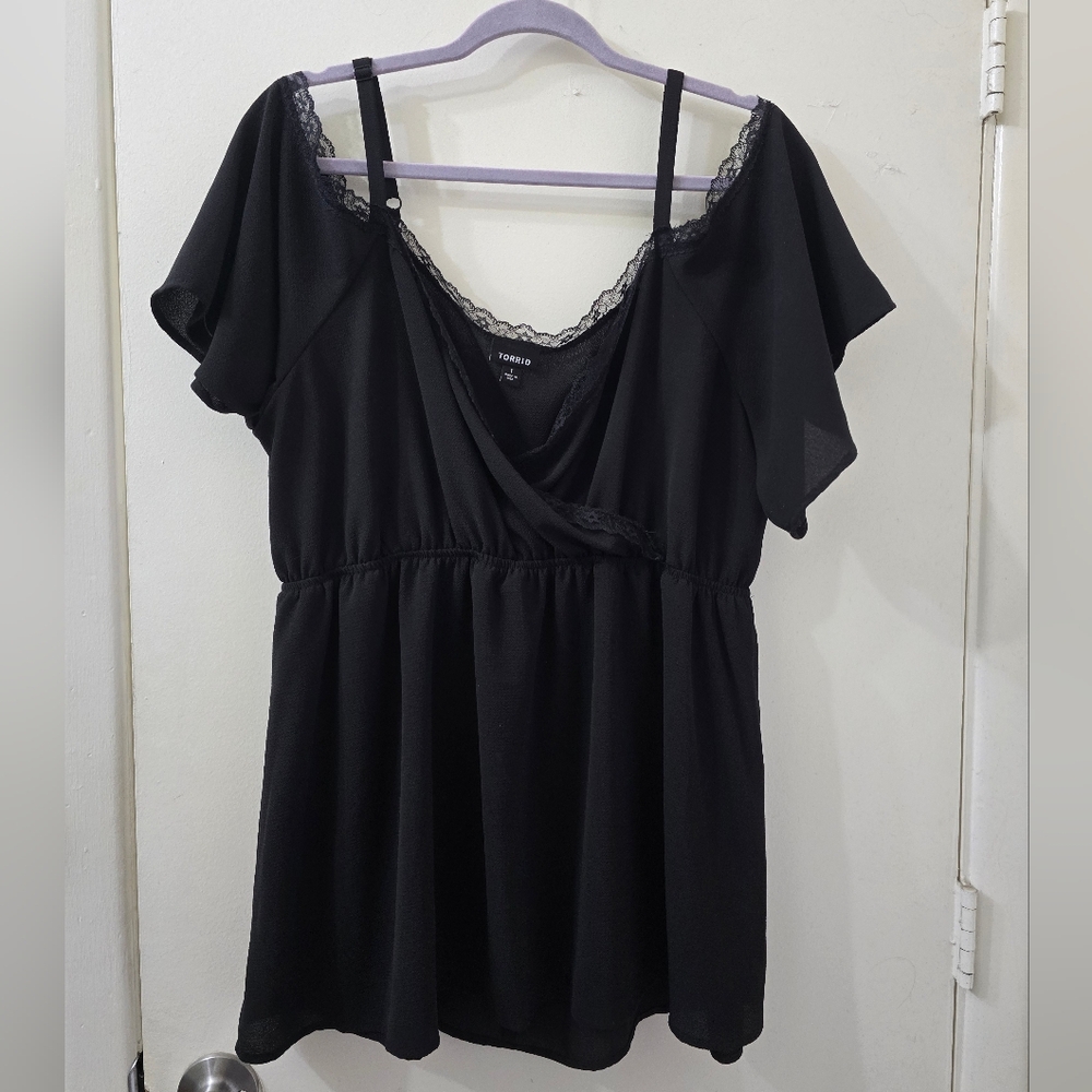 Torrid Black Off-Shoulder Dress with Lace Trim